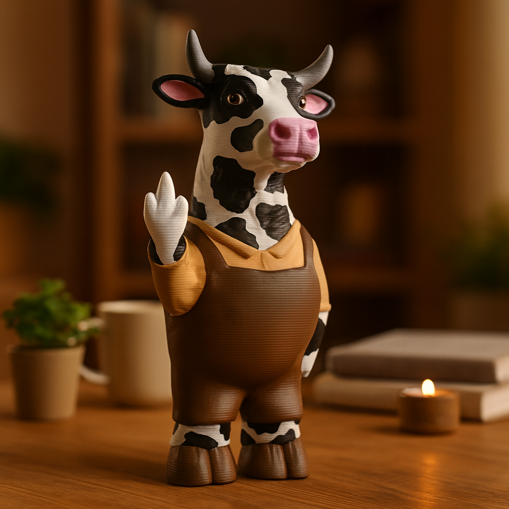 Small cow figurine placed next to a computer, miniature farm animal decoration and funny cow gift for office desk workspace