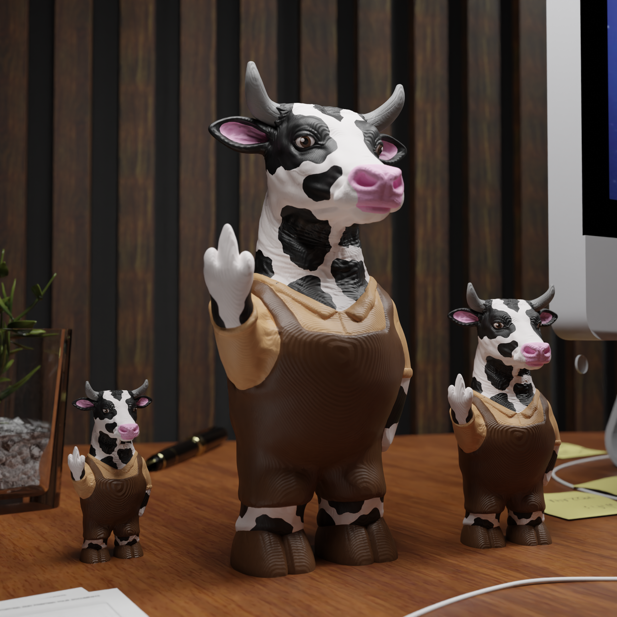 Small cow figurine on a desk, funny miniature farm animal decoration and unique cow gift for office or home workspace