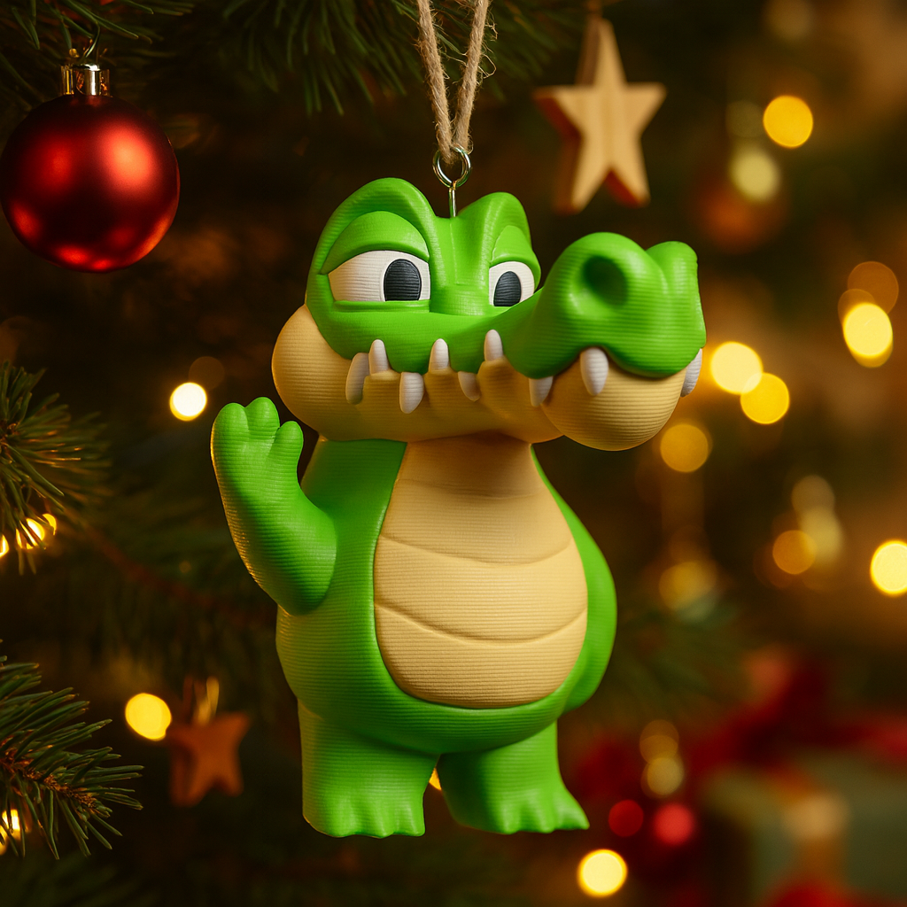 Funny crocodile ornament hanging in a Christmas tree, cute miniature wild animal decoration and unique crocodile gift for festive holiday decor