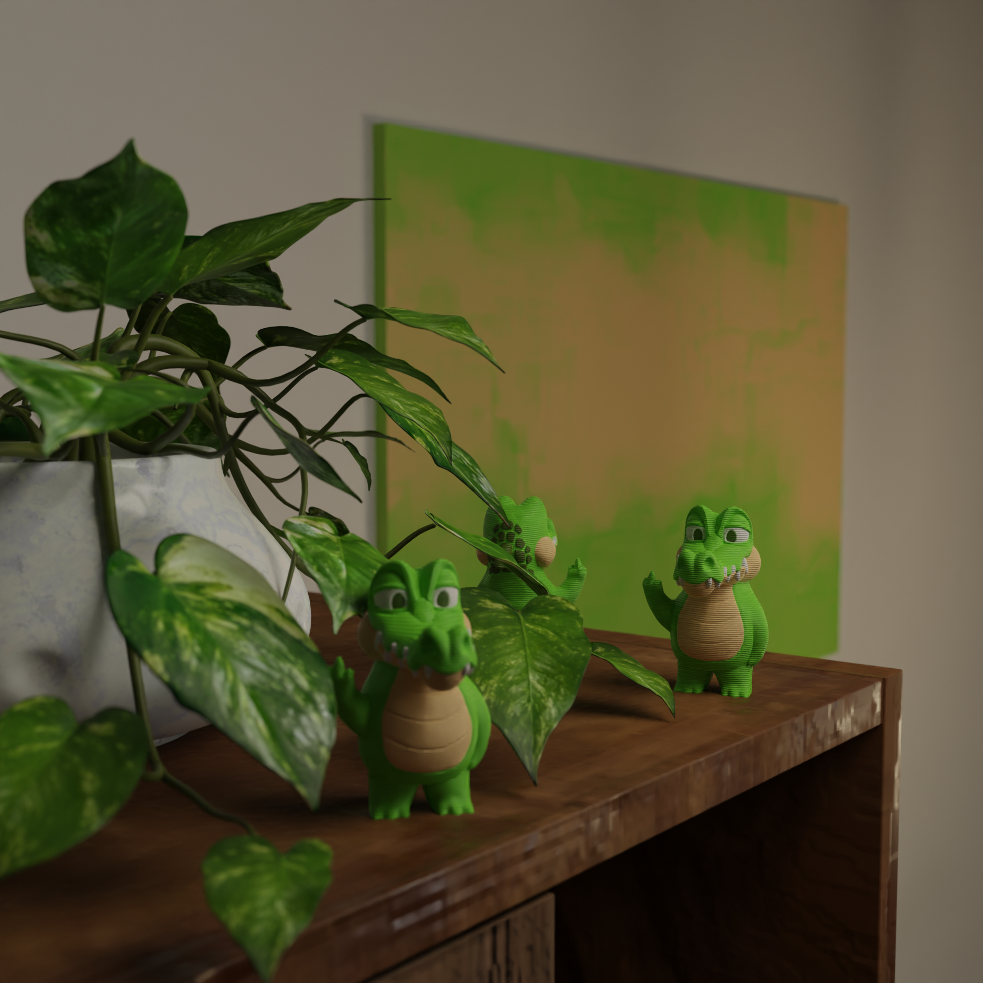 Small crocodile figurine next to a plant, funny miniature wild animal decoration and unique crocodile gift for home decor with greenery
