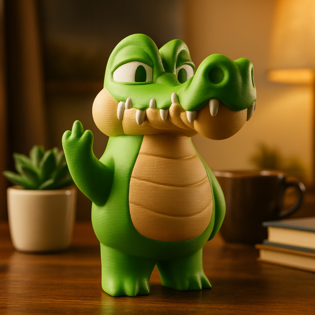 Small crocodile figurine on a desk, funny miniature wild animal decoration and unique crocodile gift for office or home workspace
