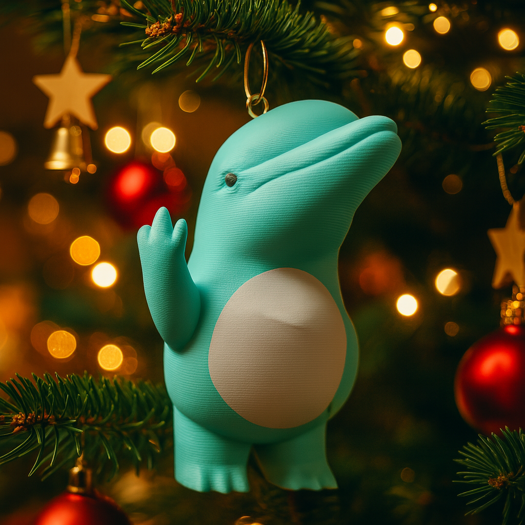 Funny dolphin ornament hanging in a Christmas tree, cute miniature sea animal decoration and unique dolphin gift for festive holiday decor