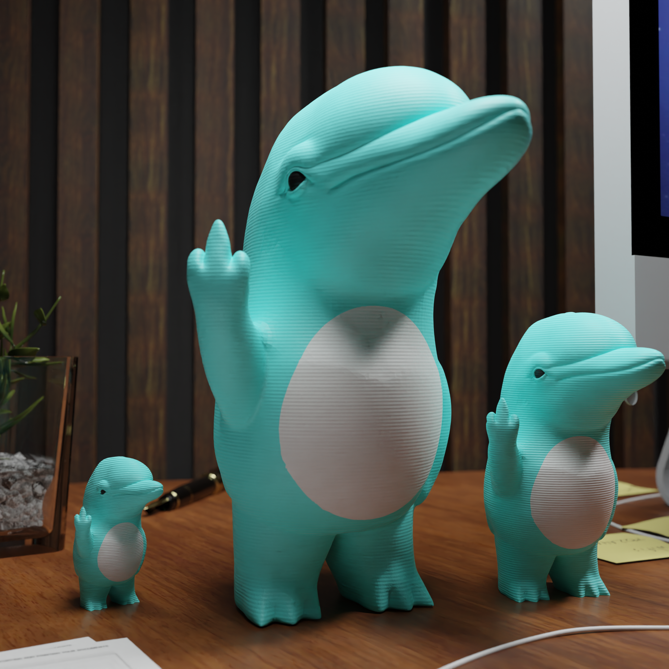 Small dolphin figurine placed next to a computer, miniature sea animal decoration and funny dolphin gift for office desk workspace