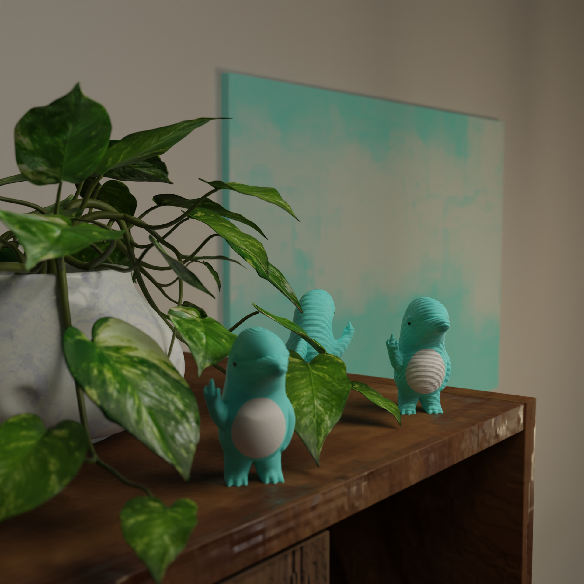 Small dolphin figurine next to a plant, funny miniature sea animal decoration and unique dolphin gift for home decor with greenery
