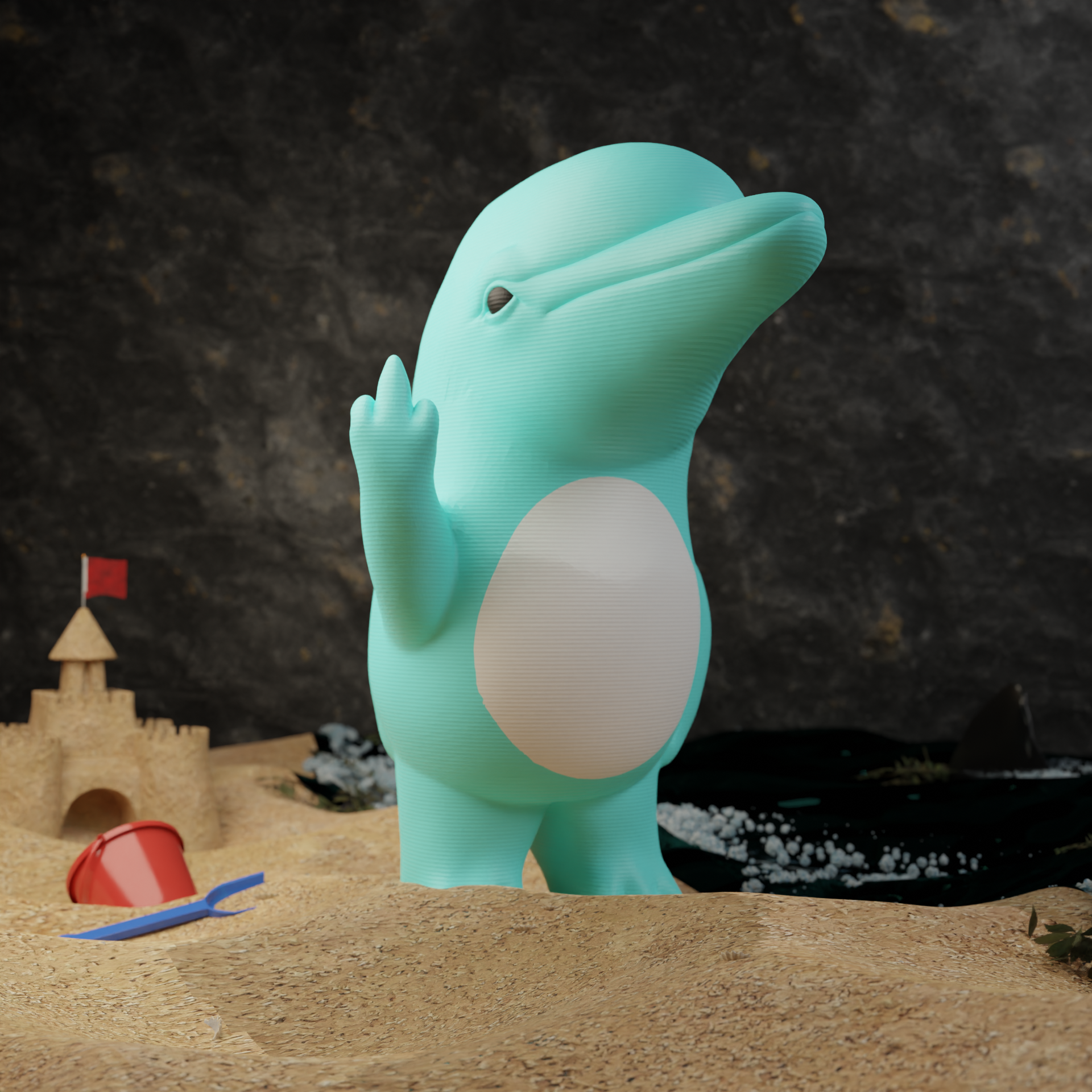 Small dolphin figurine in a garden, miniature sea animal decoration and funny dolphin gift for outdoor or balcony decor
