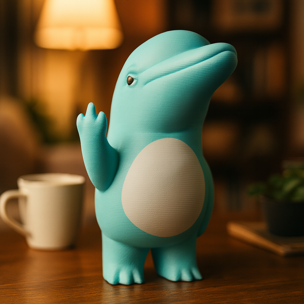 Small dolphin figurine on a desk, funny miniature sea animal decoration and unique dolphin gift for office or home workspace