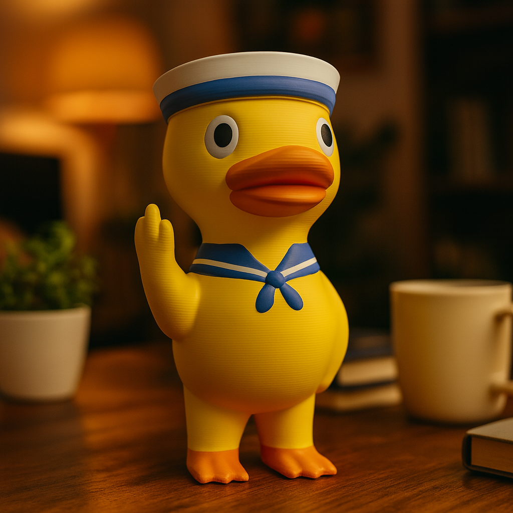 Small sailor duck figurine on a desk, funny nautical miniature animal decoration and unique duck gift for office or home workspace
