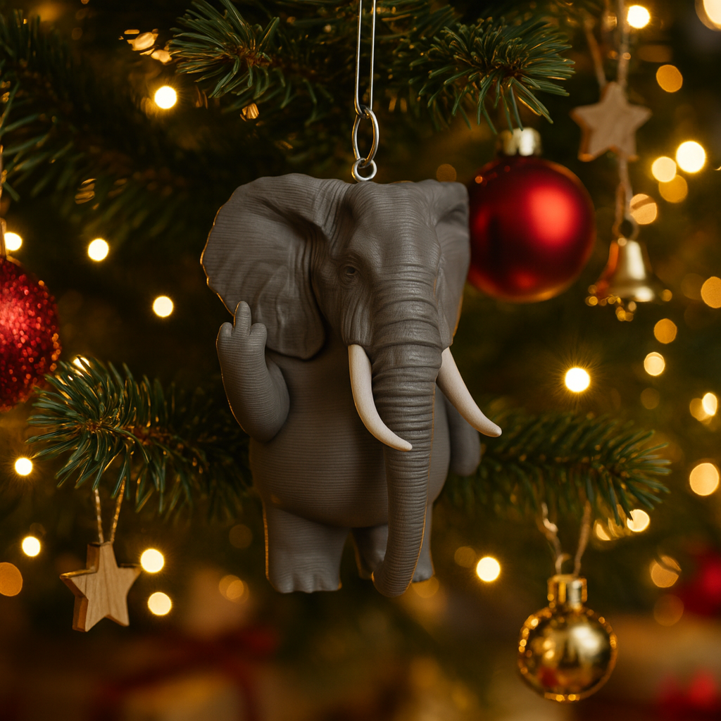 Funny elephant ornament hanging in a Christmas tree, cute miniature wild animal decoration and unique elephant gift for festive holiday decor