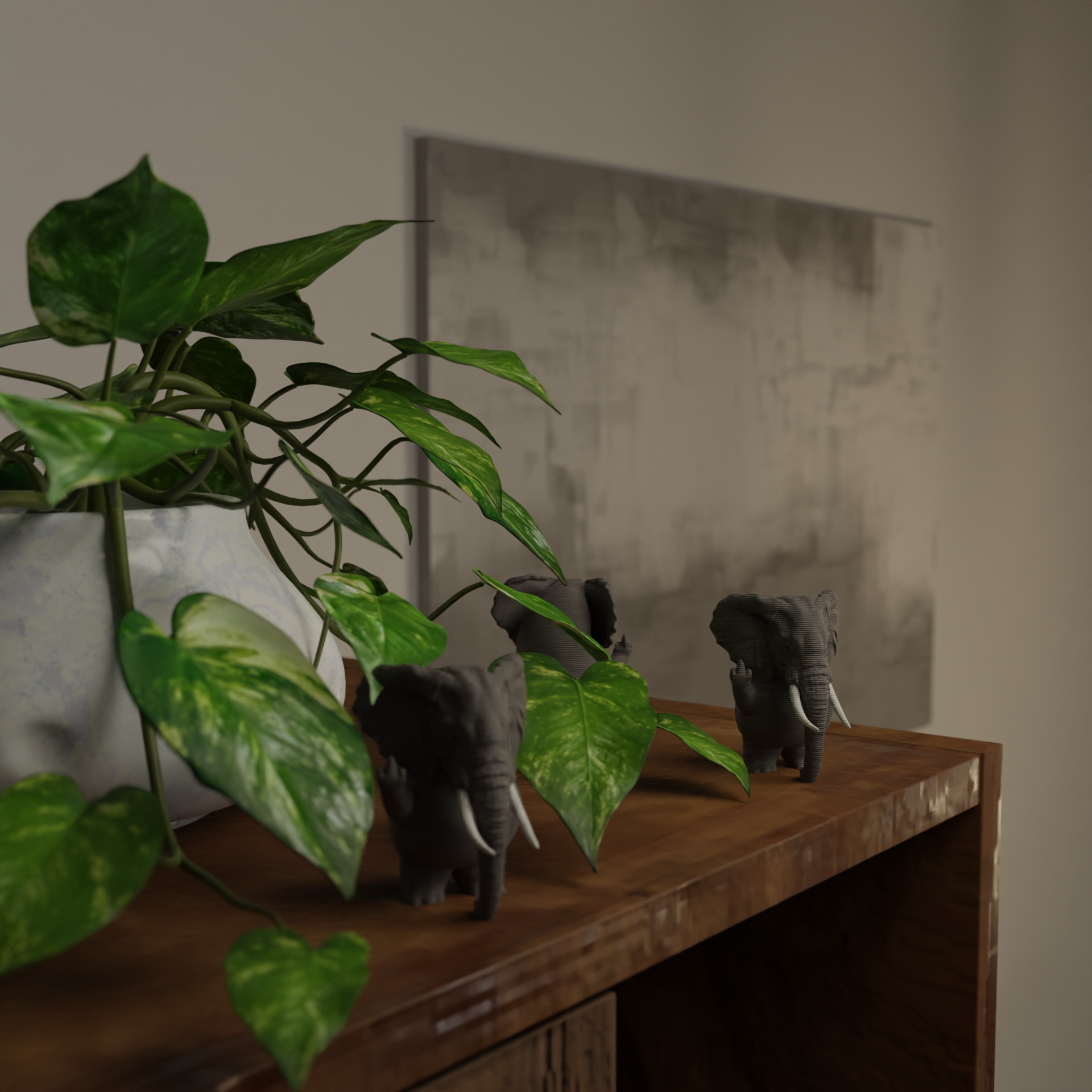 Small elephant figurine next to a plant, funny miniature wild animal decoration and unique elephant gift for home decor with greenery
