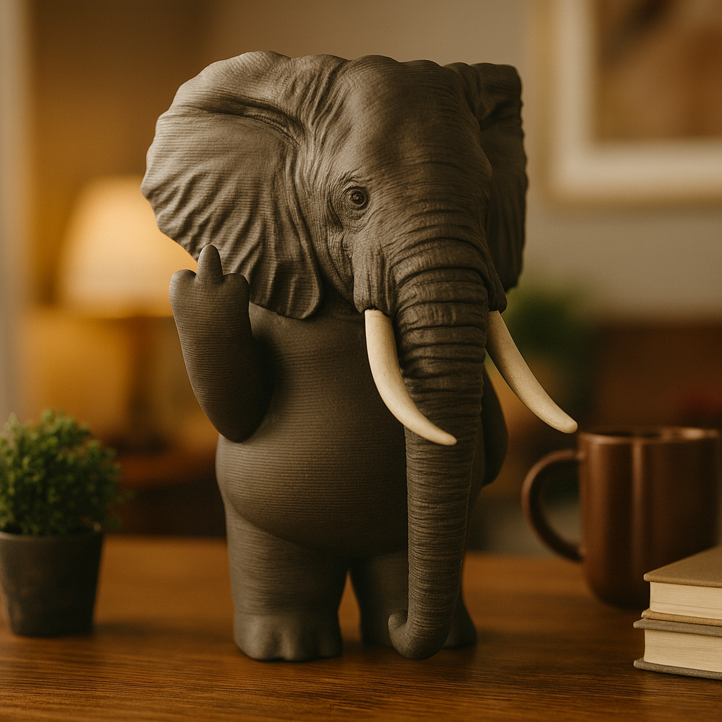 Small elephant figurine on a desk, funny miniature wild animal decoration and unique elephant gift for office or home workspace