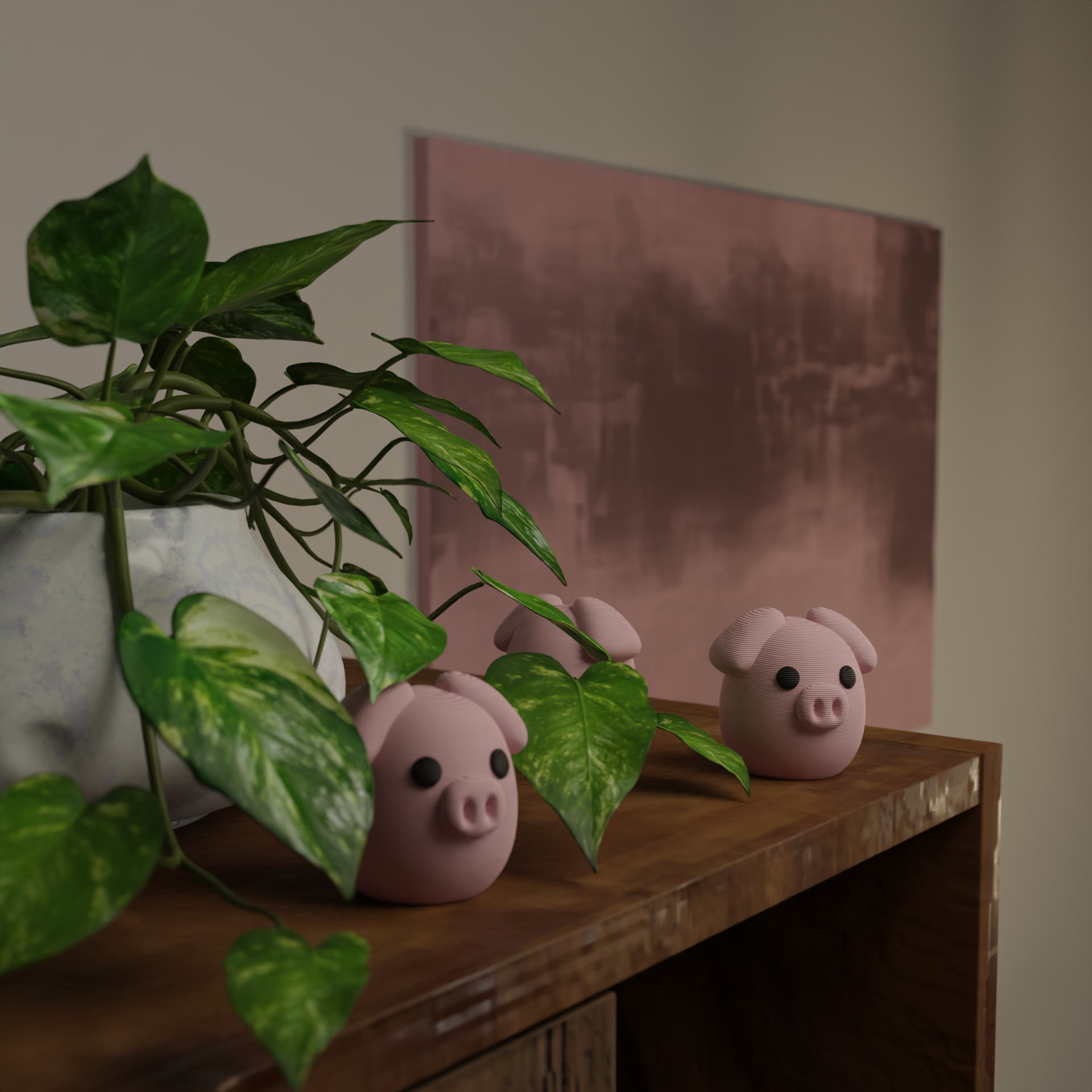 Small pig figurine next to a plant, funny miniature farm animal decoration and unique pig gift for home decor with greenery