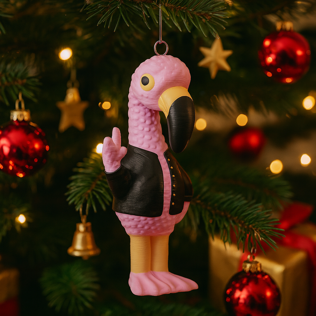 Cute flamingo ornament hanging in a Christmas tree, funny miniature animal decoration for festive holiday decor