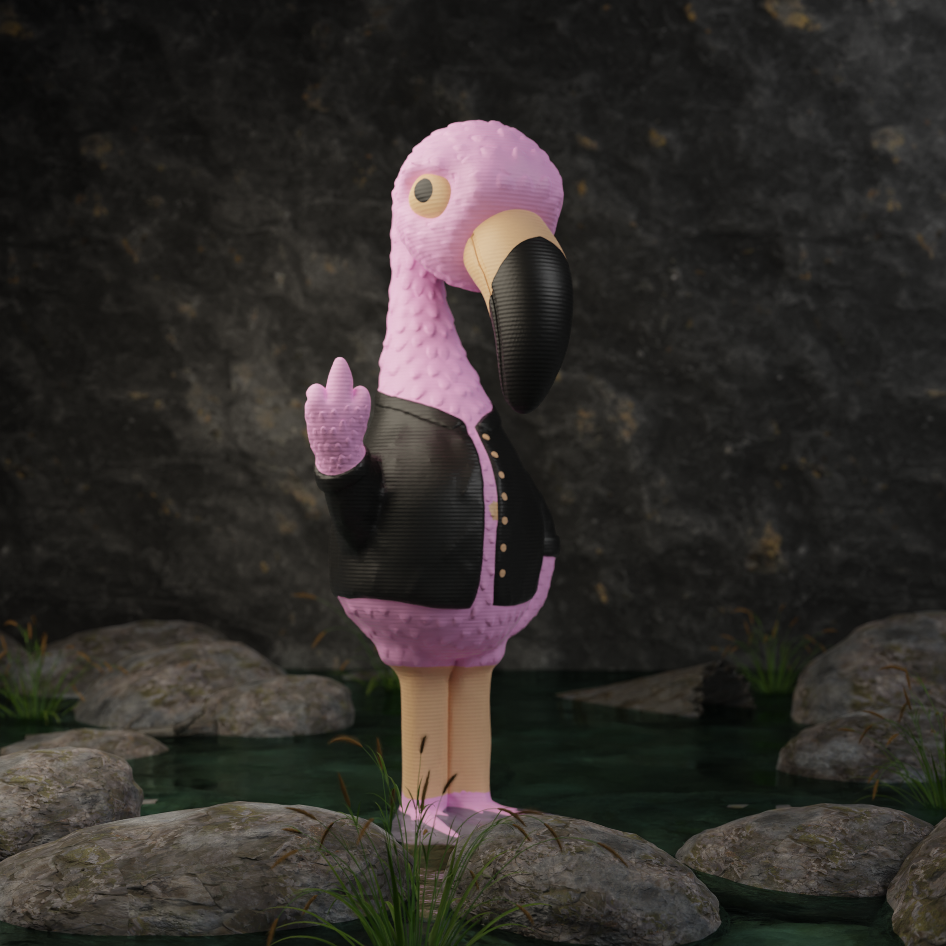 Small flamingo figurine in a garden, funny miniature animal decoration for outdoor or balcony decor