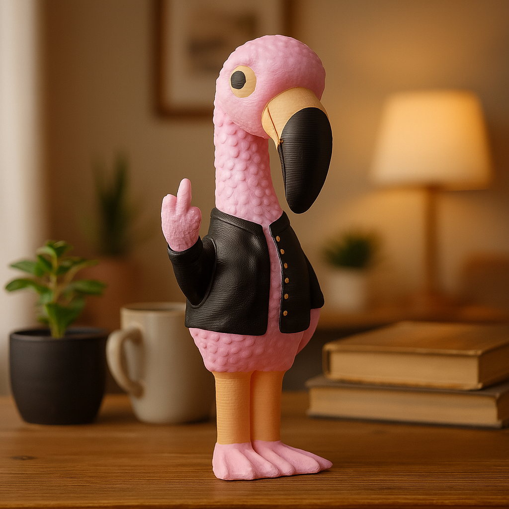 Small flamingo figurine on a desk, cute miniature animal decoration for office or home workspace