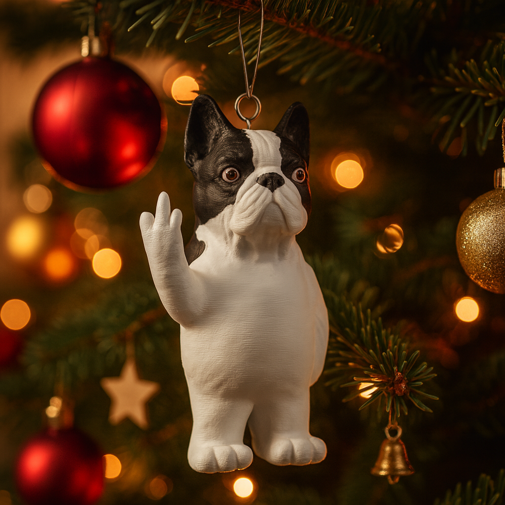 Cute French Bulldog ornament hanging in a Christmas tree, funny miniature animal decoration and gift for festive holiday decor