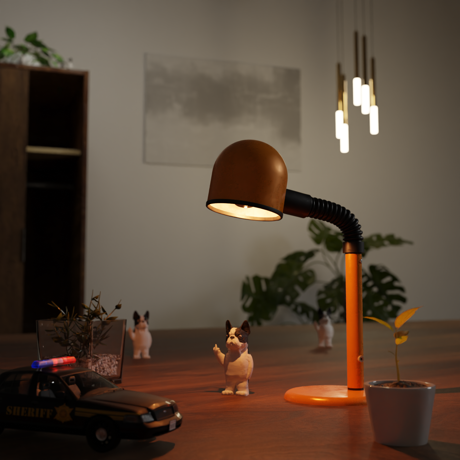Small French Bulldog figurine placed next to a computer, miniature animal decoration and funny gift for office desk or workspace