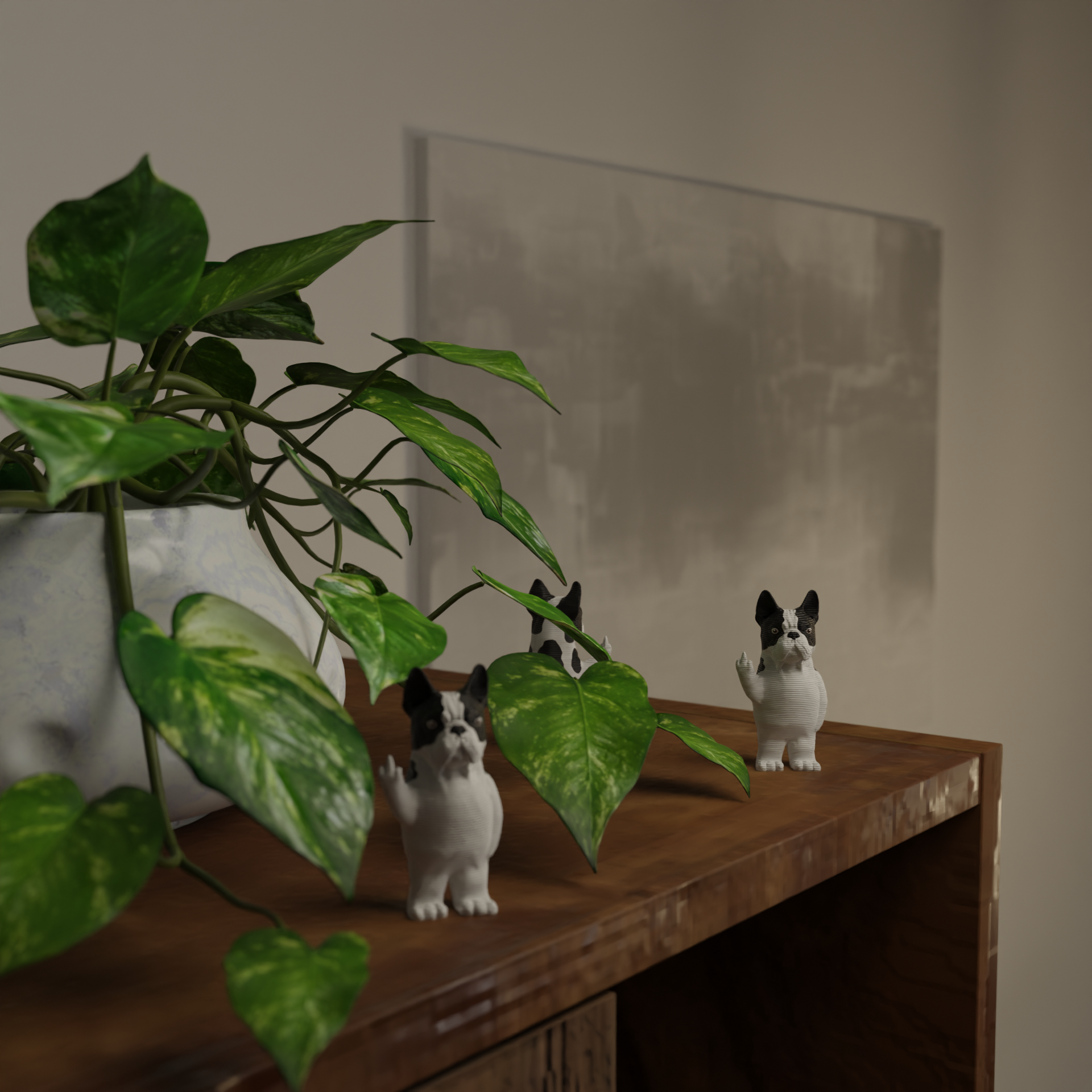 Small French Bulldog figurine next to a plant, funny miniature animal decoration and gift for home decor with greenery