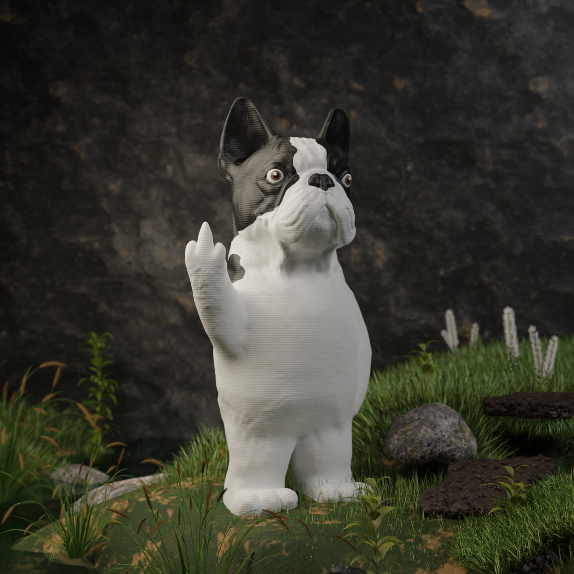 Small French Bulldog figurine in a garden, cute miniature animal decoration and funny gift for outdoor or balcony decor