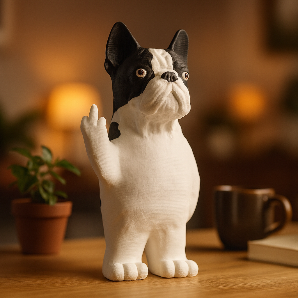 Small French Bulldog figurine on a desk, funny miniature animal decoration and unique gift for office or home workspace