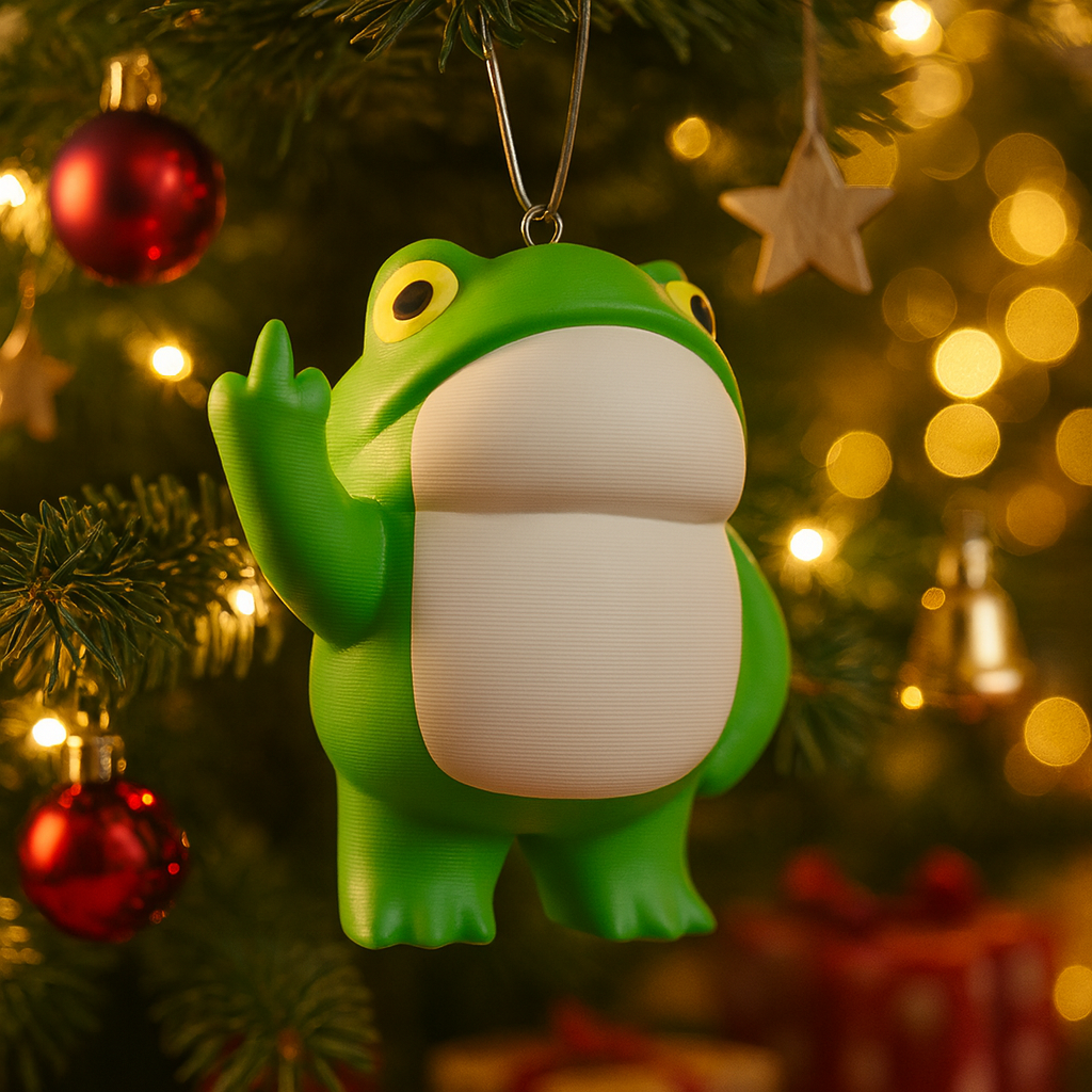 Funny frog ornament hanging in a Christmas tree, cute miniature animal decoration and unique frog gift for festive holiday decor