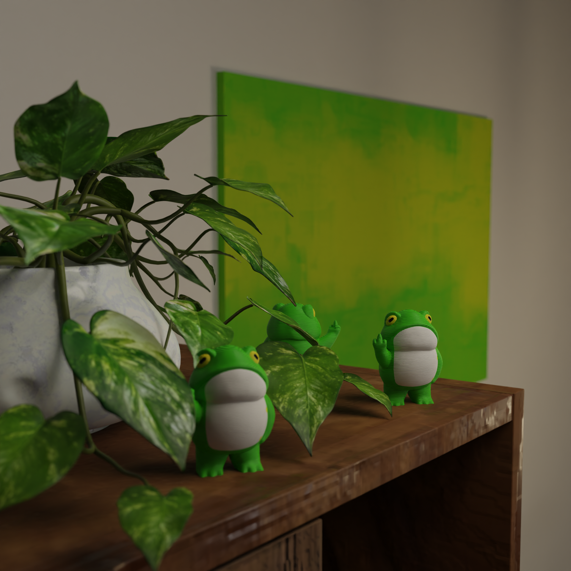 Small frog figurine next to a plant, funny miniature animal decoration and unique frog gift for home decor with greenery