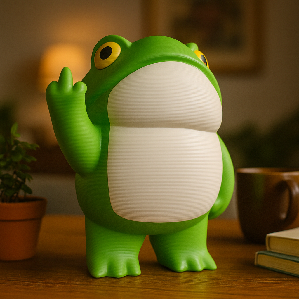 Small frog figurine on a desk, funny miniature animal decoration and unique frog gift for office or home workspace