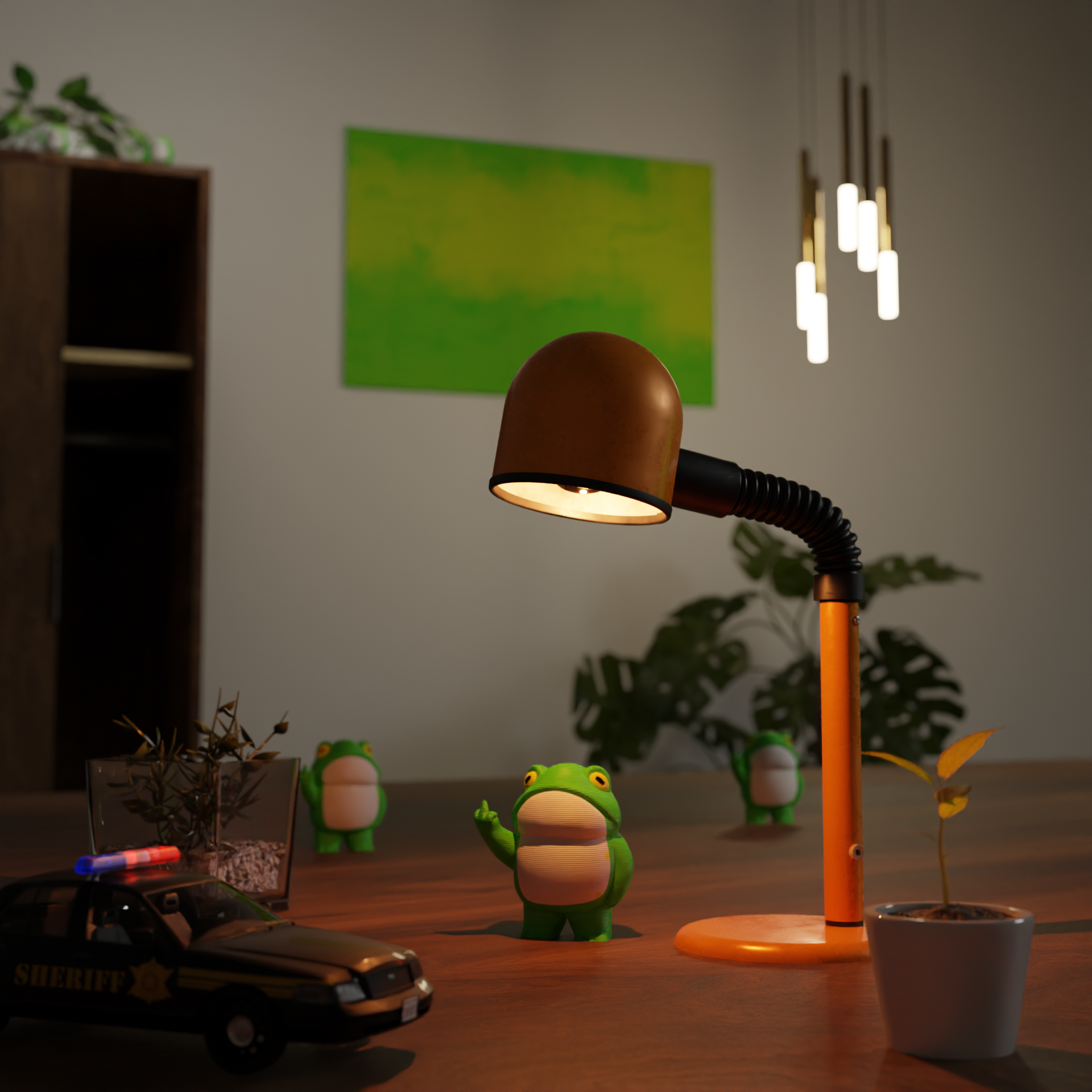 Small frog figurine on a desk, funny miniature animal decoration and unique frog gift for office or home workspace