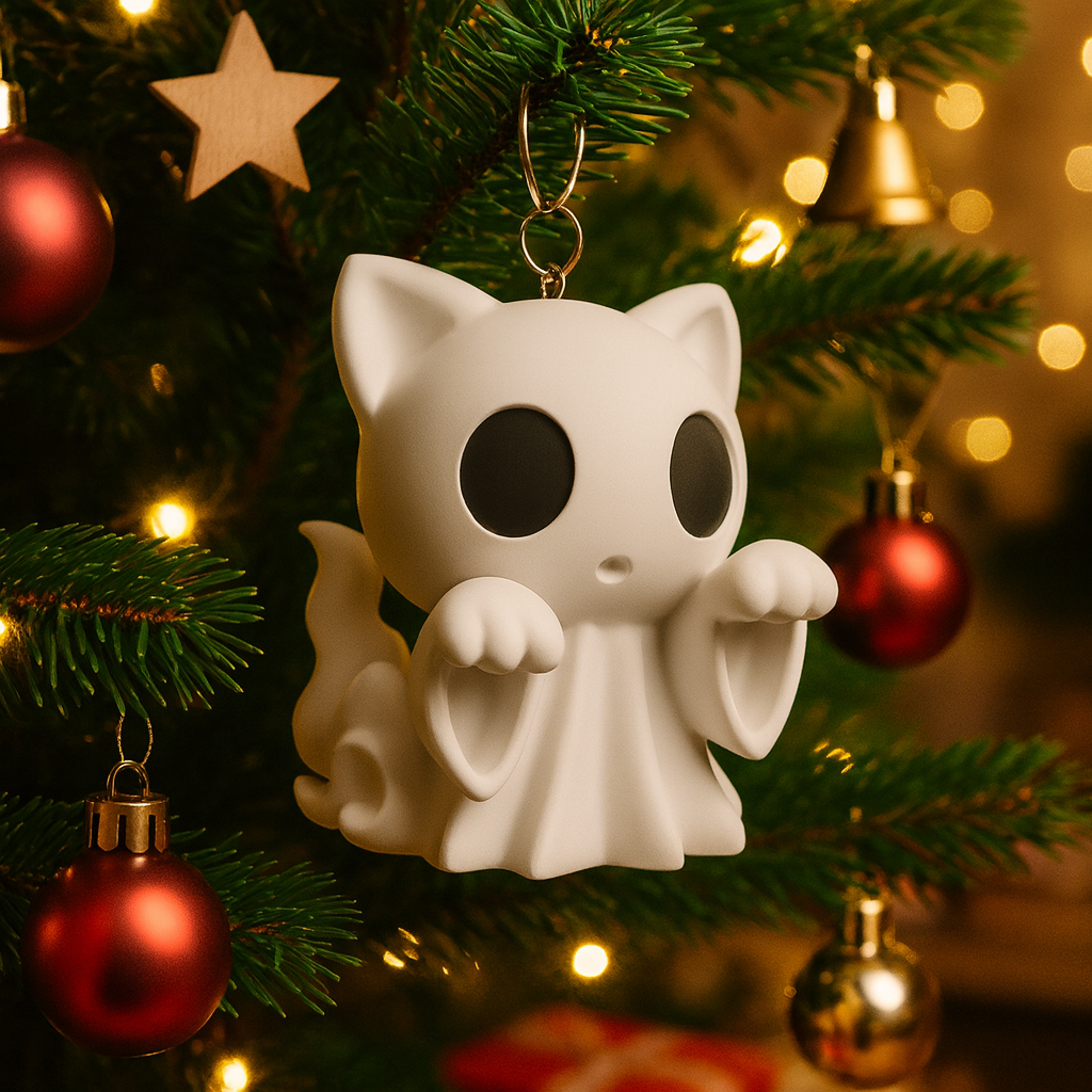 Funny ghost cat ornament hanging in a Christmas tree, cute miniature Halloween and holiday decoration