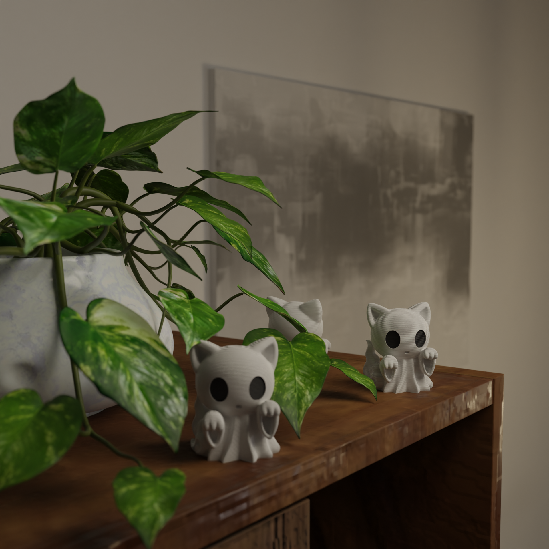 Small ghost cat figurine next to a plant, spooky miniature Halloween animal decoration for home interior decor
