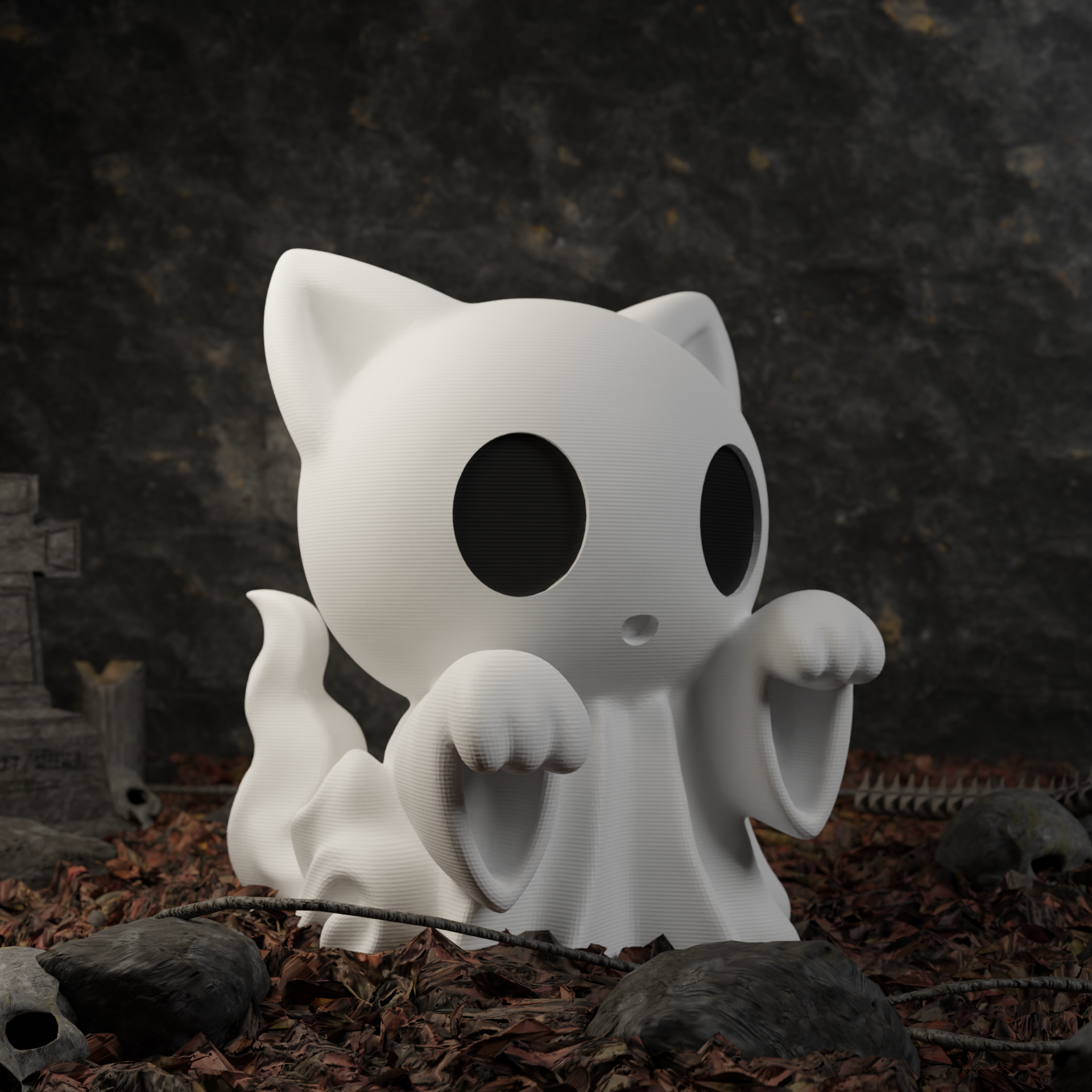 Small ghost cat figurine placed in grass, spooky miniature Halloween animal decoration for outdoor display