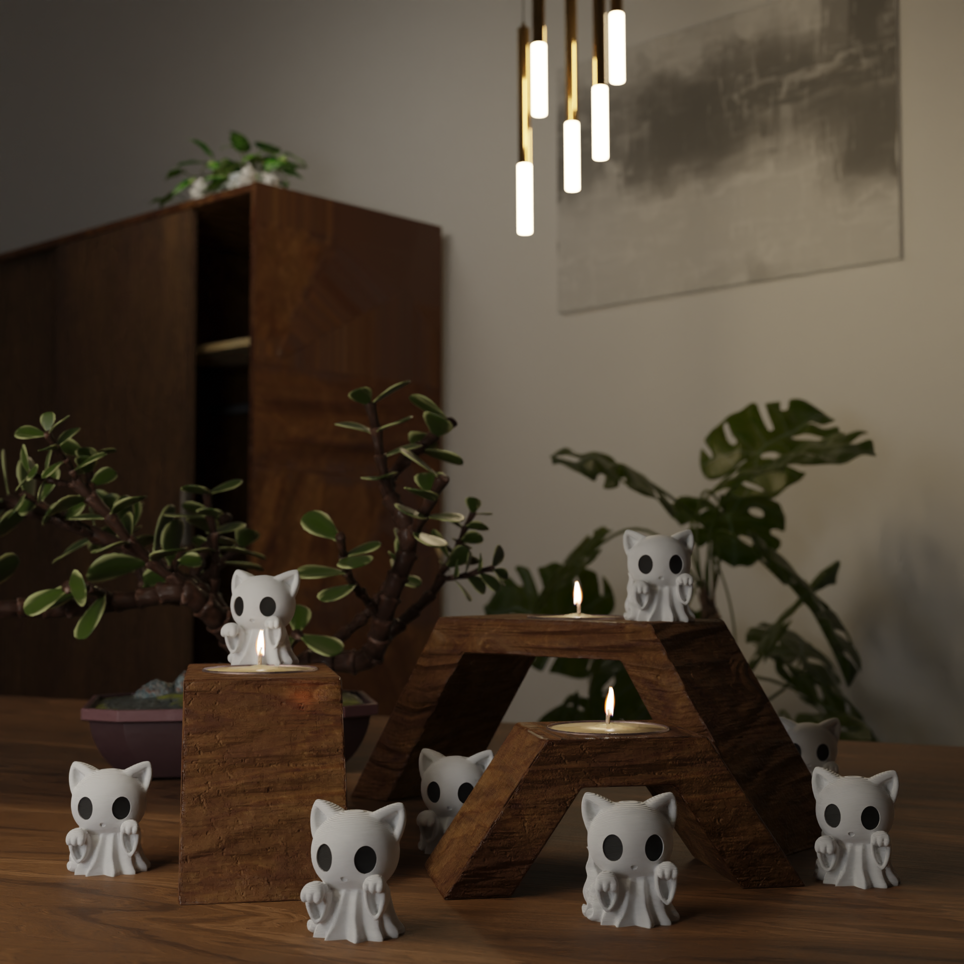 Small ghost cat figurine displayed on a closet, funny miniature Halloween decoration for spooky home interior