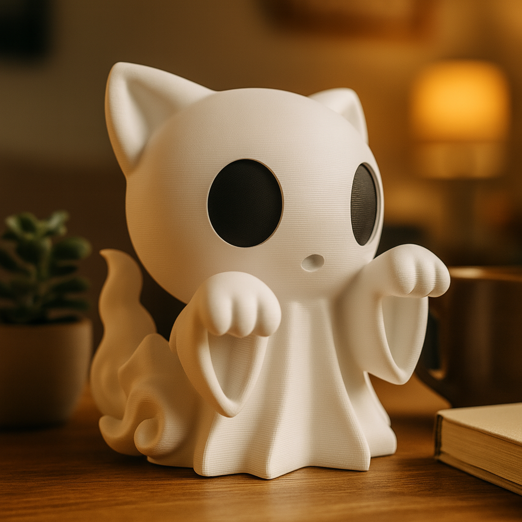 Small ghost cat figurine on a desk, cute miniature Halloween animal decoration for office or home workspace