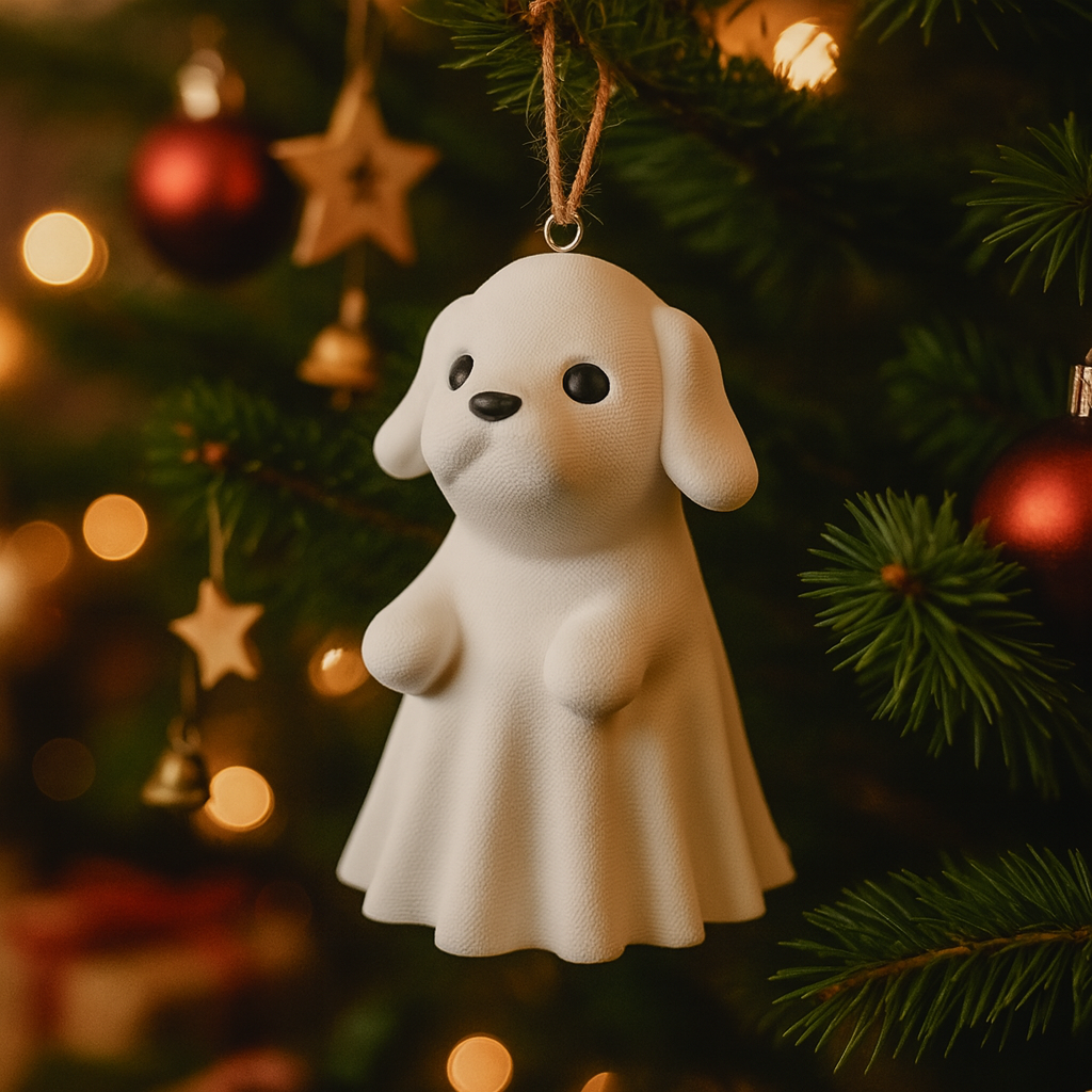 Funny ghost dog ornament hanging in a Christmas tree, cute spooky miniature decoration and unique ghost dog gift for festive holiday decor