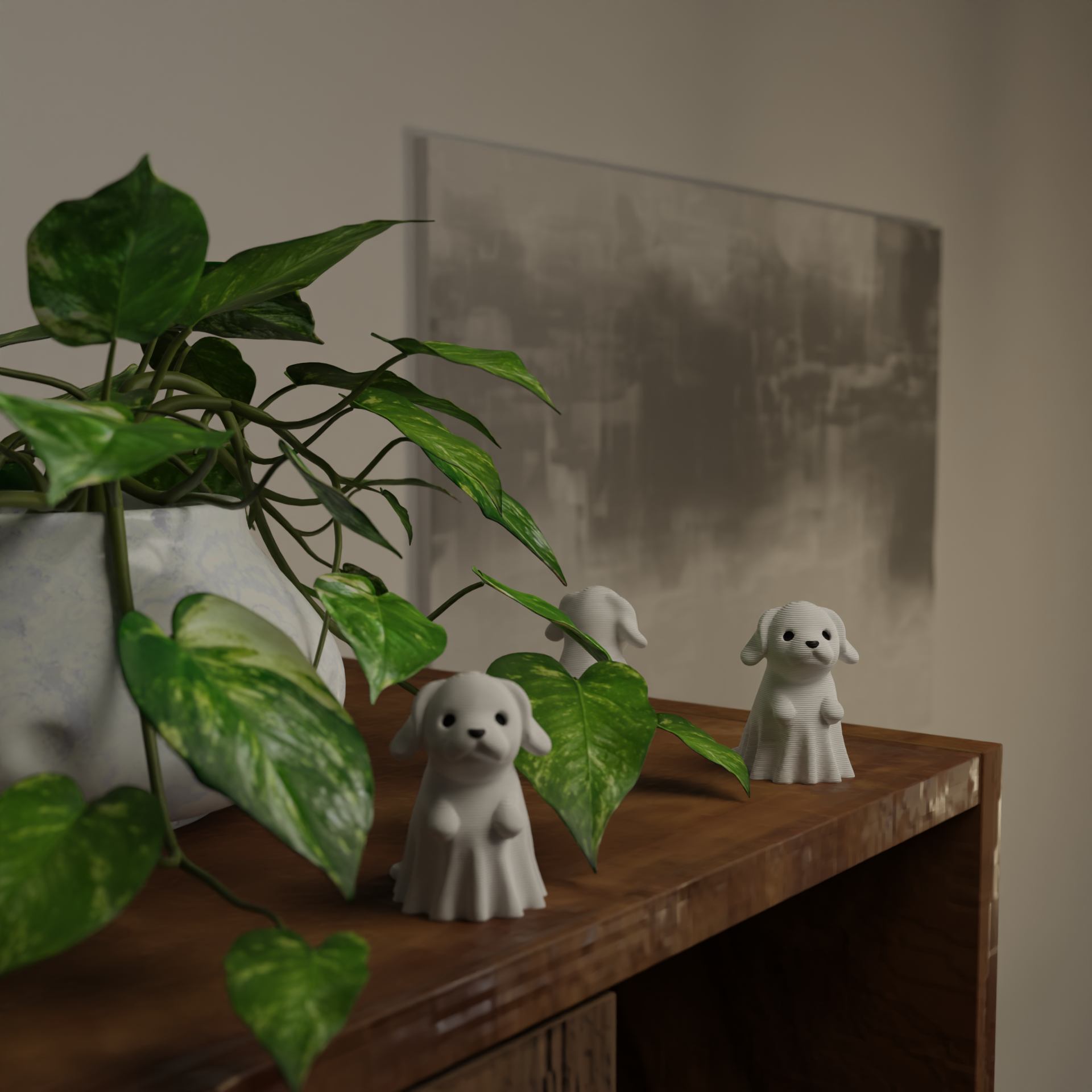 Small ghost dog figurine next to a plant, funny spooky miniature decoration and unique ghost dog gift for home decor with greenery