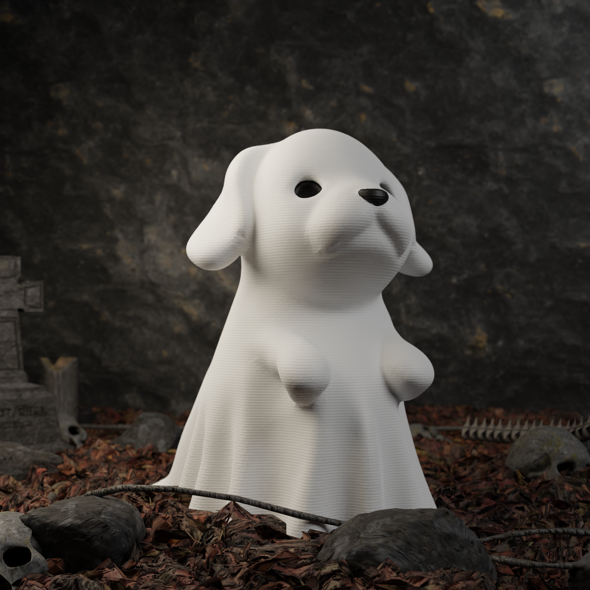 Small ghost dog figurine in a garden, spooky miniature decoration and funny ghost dog gift for outdoor or balcony decor