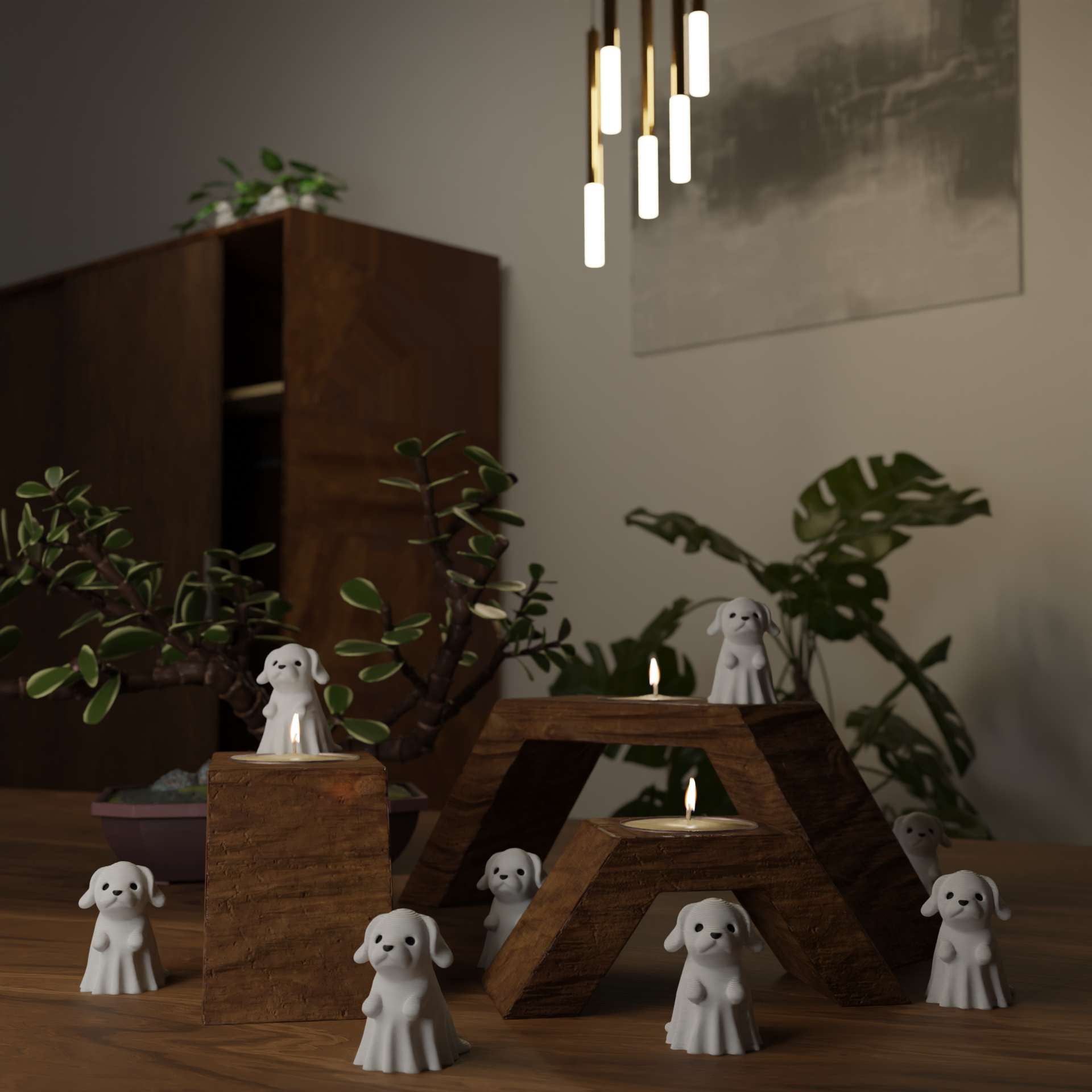 Small ghost dog figurine on a coffee table, cute spooky miniature decoration and funny ghost dog gift for living room or lounge decor