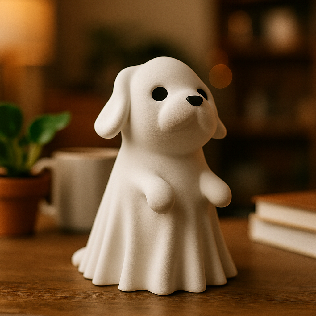 Small ghost dog figurine on a desk, funny spooky miniature Halloween decoration and unique ghost dog gift for office or home workspace