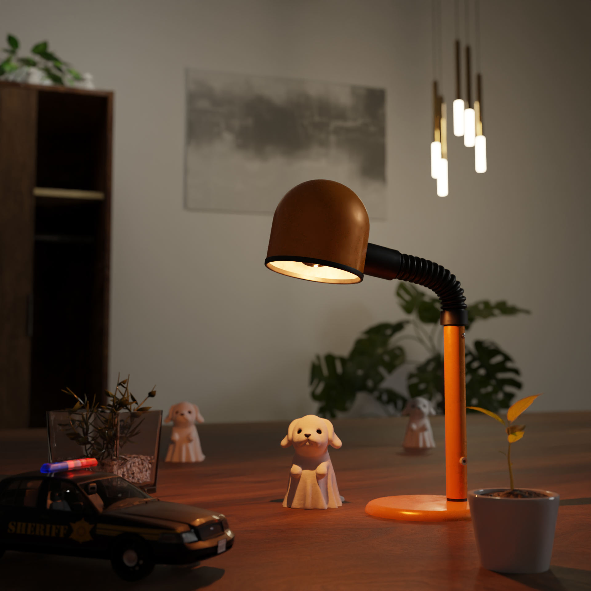 Small ghost dog figurine displayed on a shelf, cute spooky miniature decoration and funny ghost dog gift for home interior display