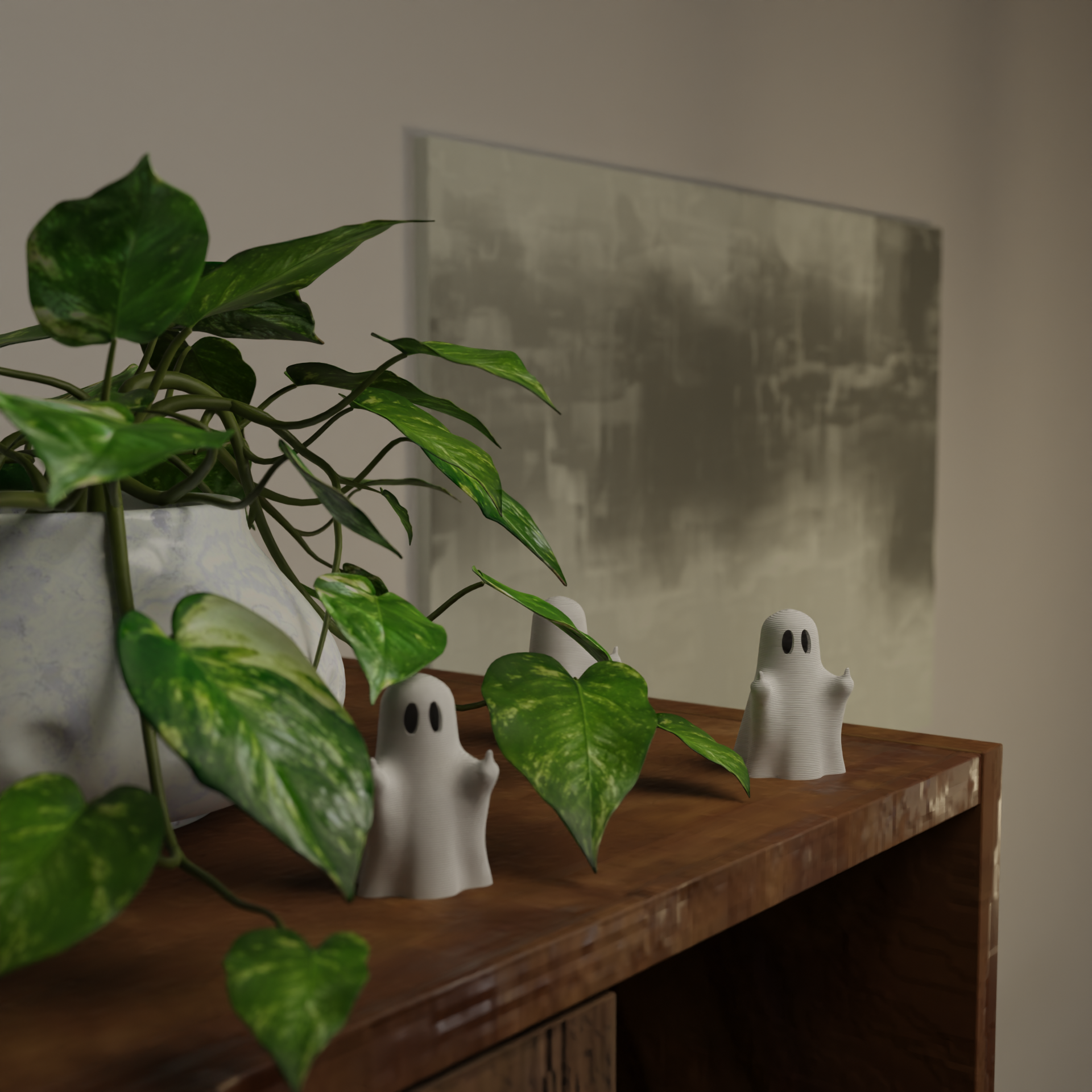 Small ghost figurine flipping the bird next to a plant, spooky miniature decoration and funny Halloween gift for home decor with greenery