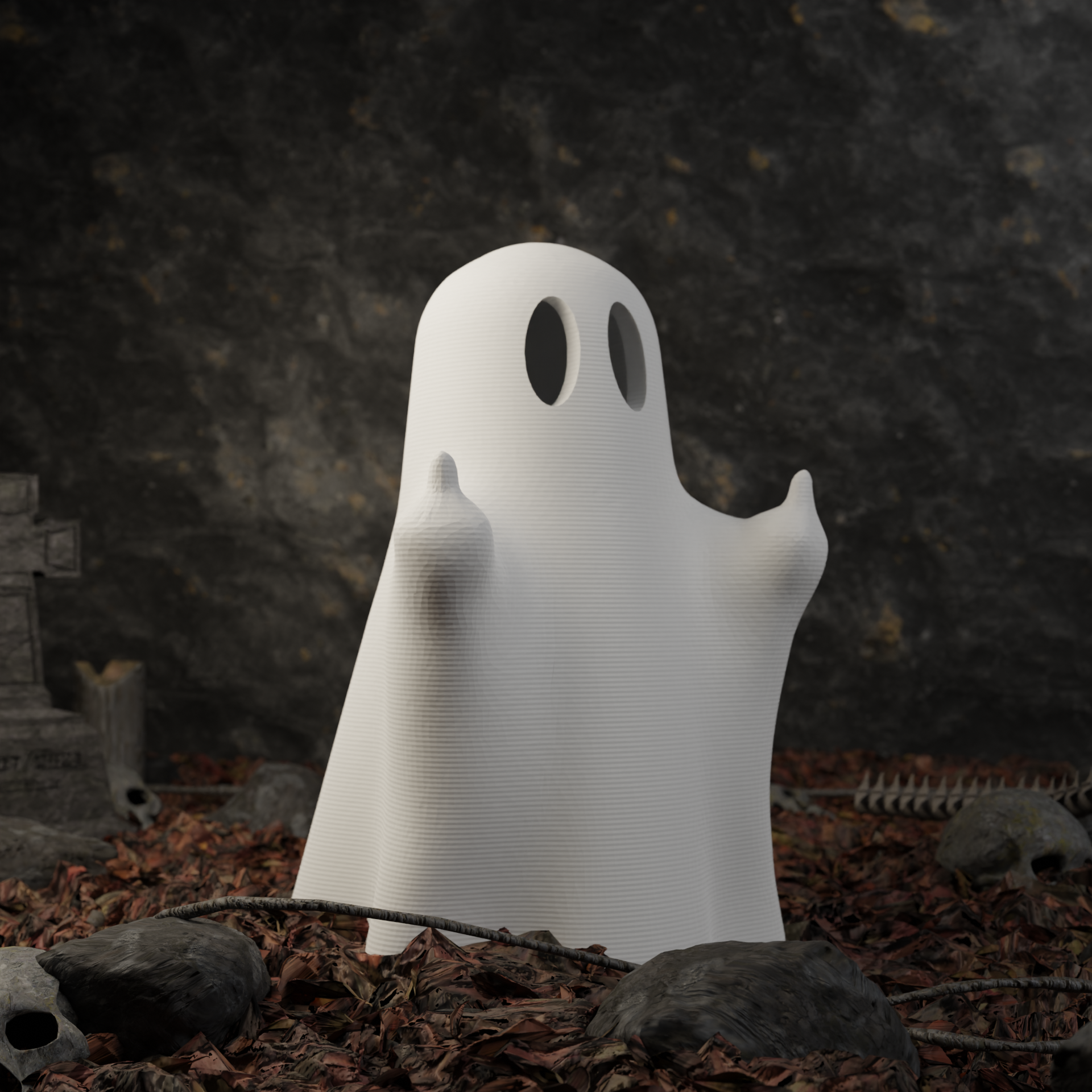 Small ghost figurine flipping the bird in a garden, spooky miniature decoration and funny Halloween gift for outdoor or balcony decor