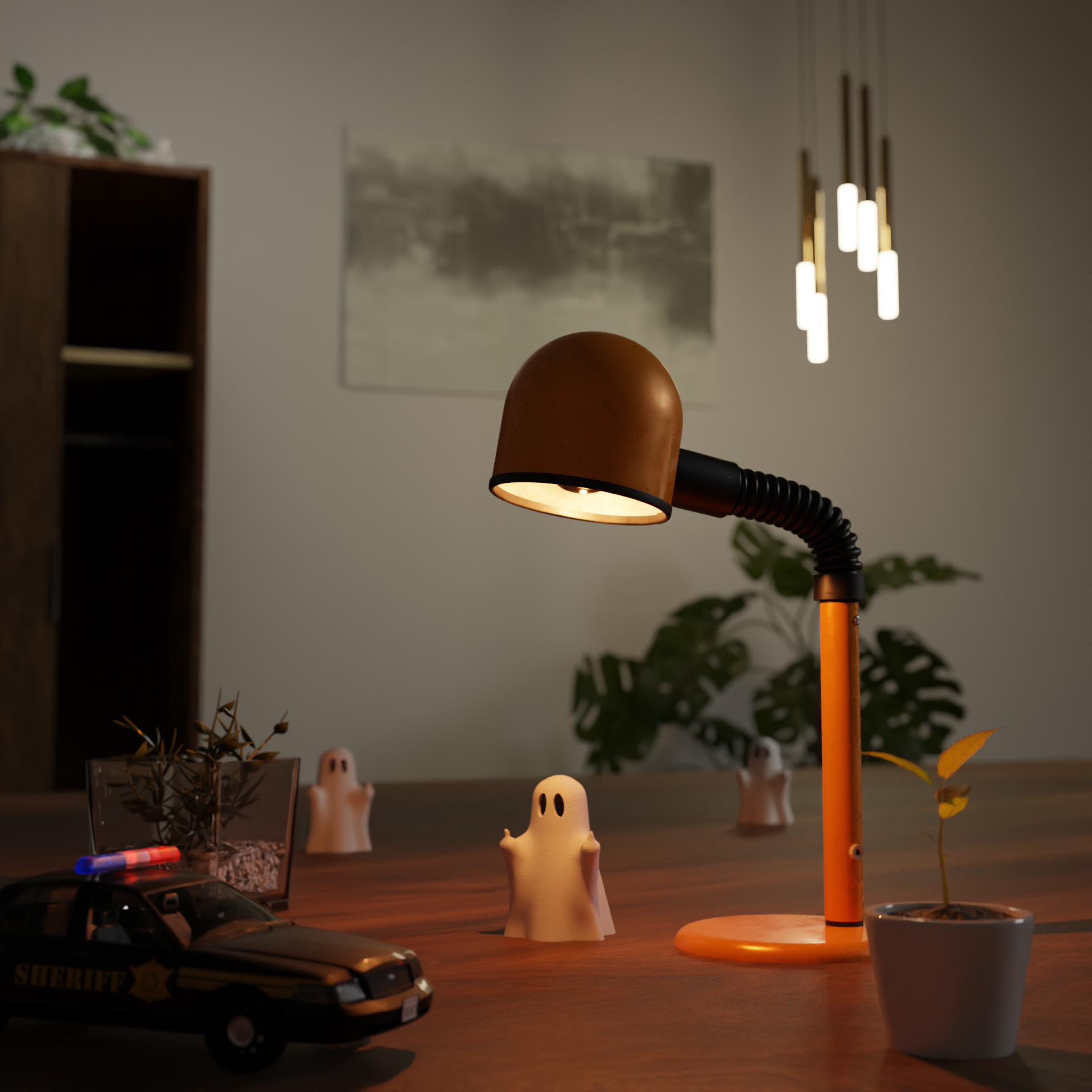 Small ghost figurine flipping the bird on a coffee table, funny spooky miniature decoration and unique Halloween gift for living room or lounge decor