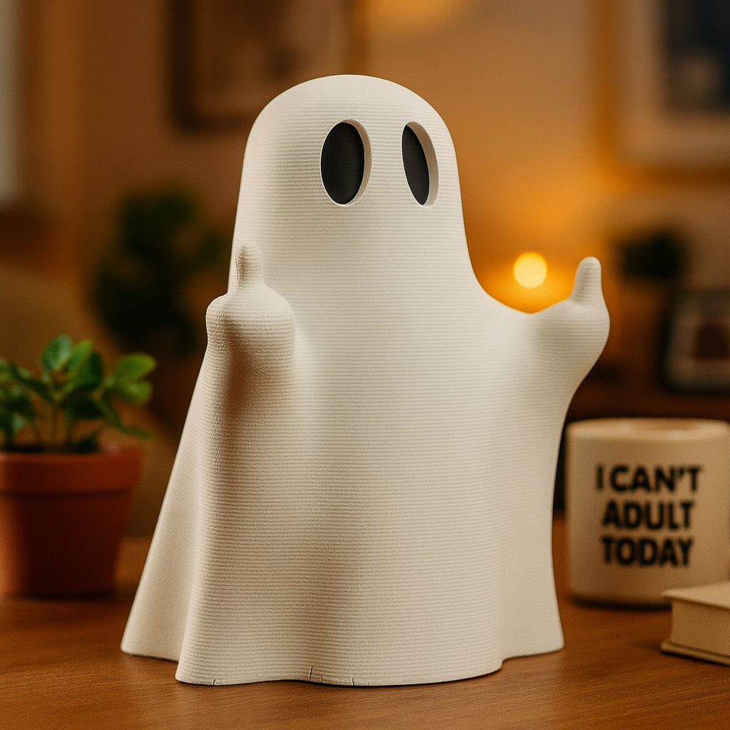 Small Ghost figurine displayed on a shelf, cute miniature sea life decoration and funny ghost gift for home interior display