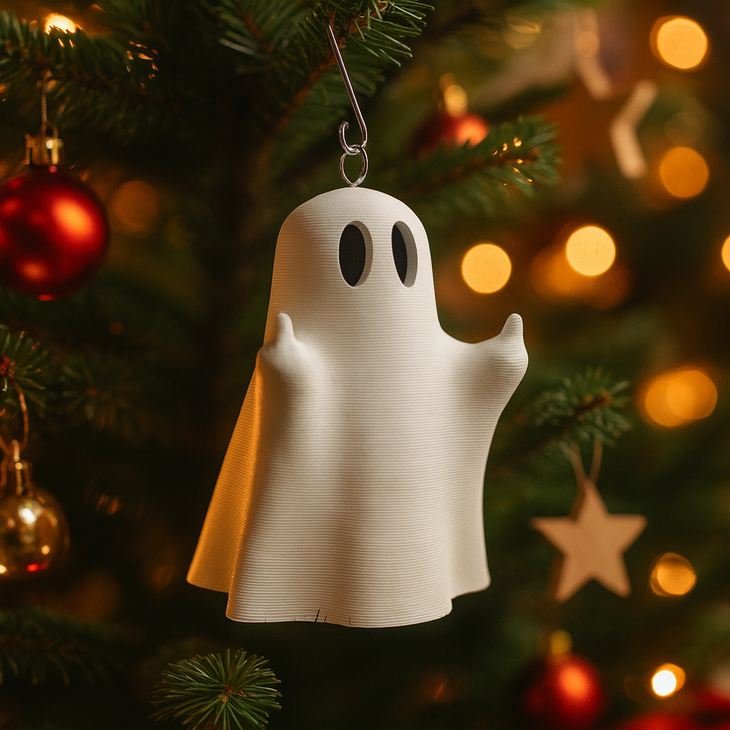 Funny ghost figurine flipping the bird ornament hanging in a Christmas tree, spooky miniature decoration and unique Halloween gift for festive holiday decor