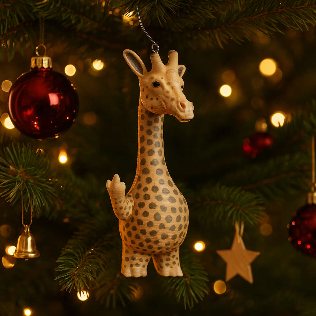 Funny giraffe ornament hanging in a Christmas tree, cute miniature animal decoration for festive holiday decor