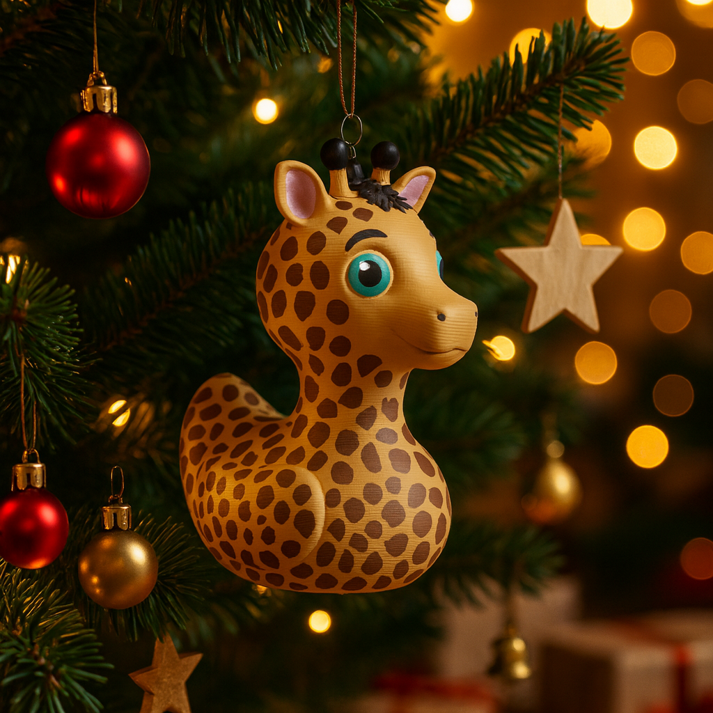 Funny Giraffe Duck ornament hanging in a Christmas tree, cute animal-themed miniature decoration and unique duck gift for festive holiday decor