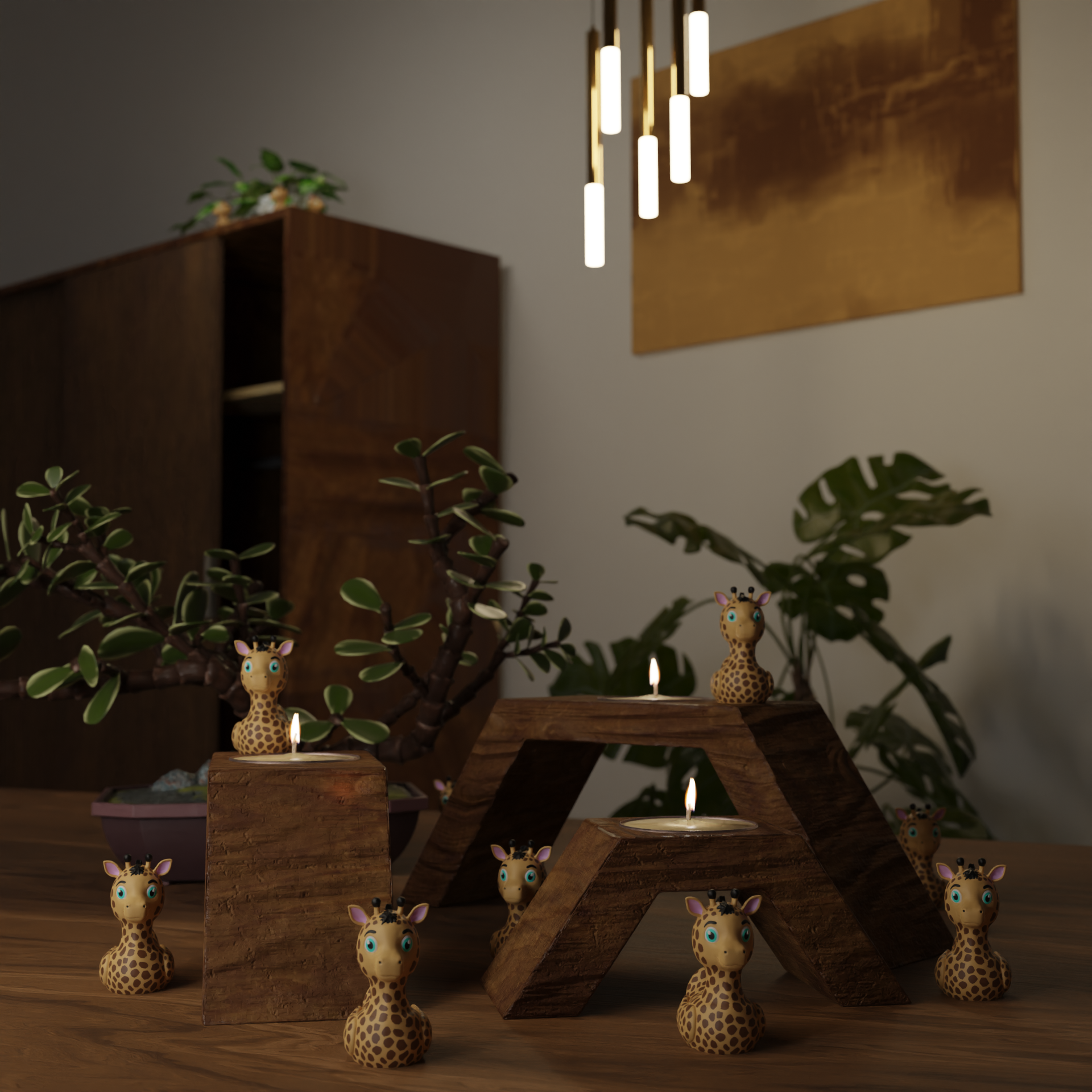 Small Giraffe Duck figurine on a coffee table, cute animal-themed miniature decoration and funny Giraffe Duck gift for living room or lounge decor