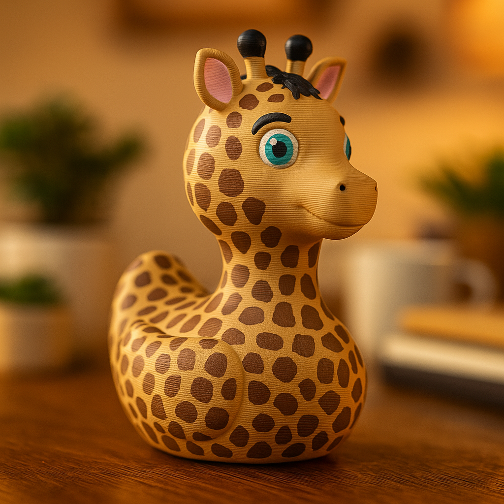 Small Giraffe Duck figurine on a desk, funny animal-themed miniature decoration and unique duck gift for office or home workspace