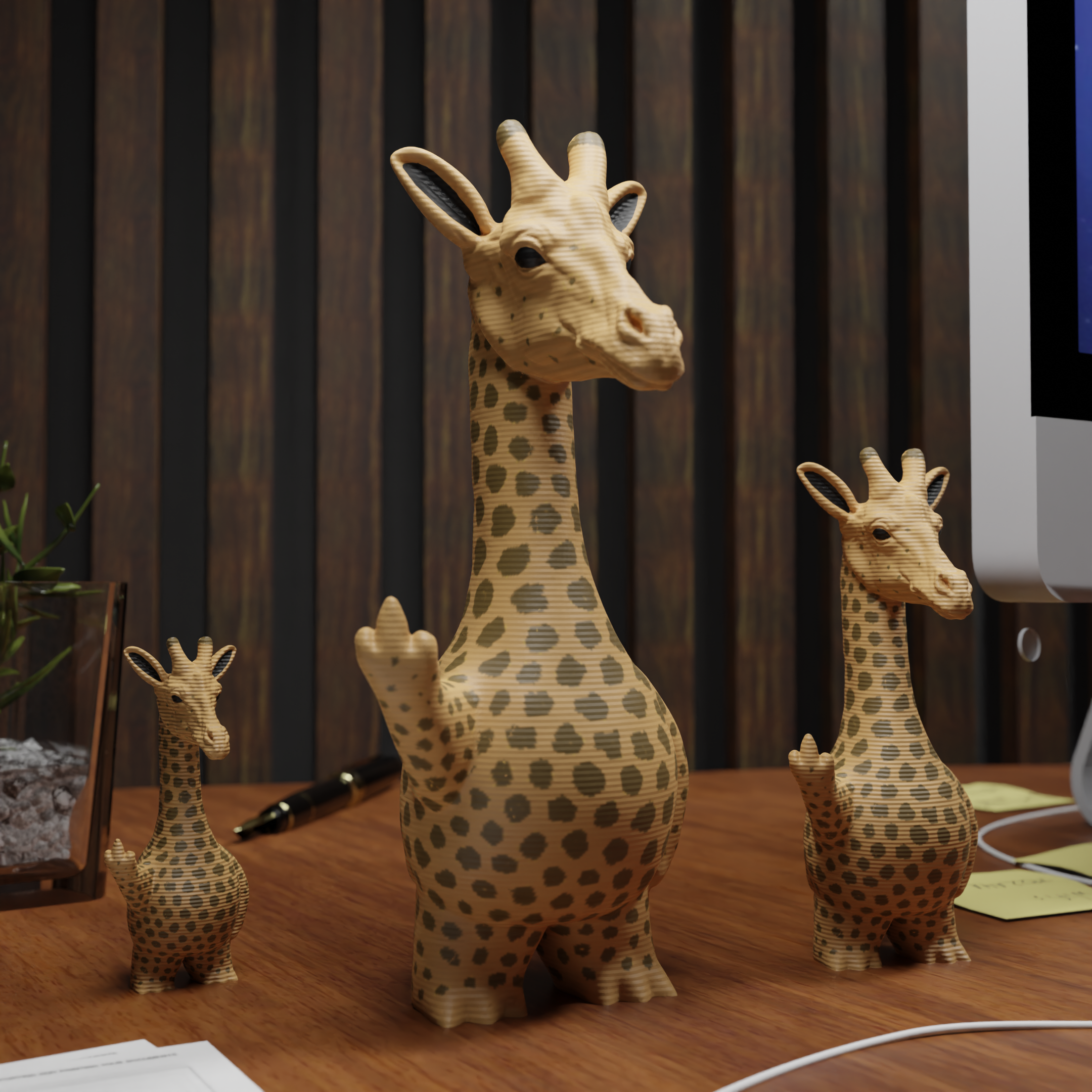 Small giraffe figurine placed next to a computer, funny miniature animal decoration for office or home workspace
