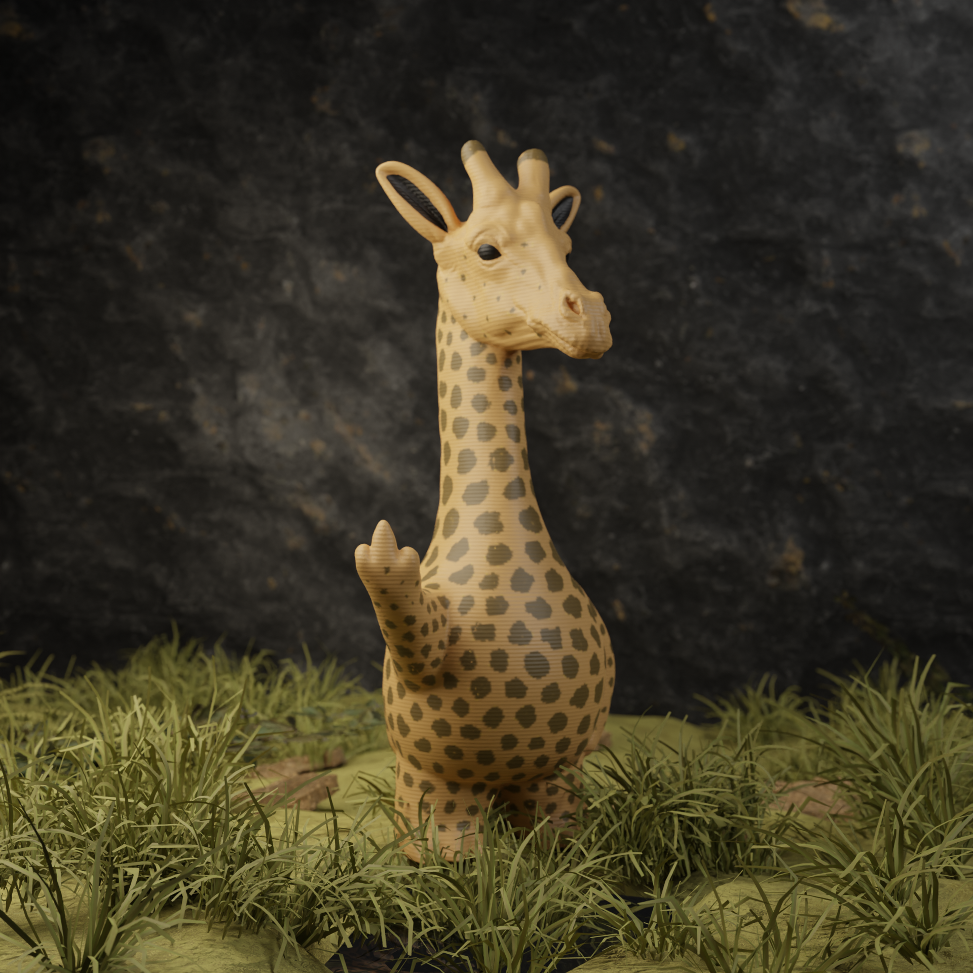 Small giraffe figurine in a garden, funny miniature animal decoration for outdoor or home garden display