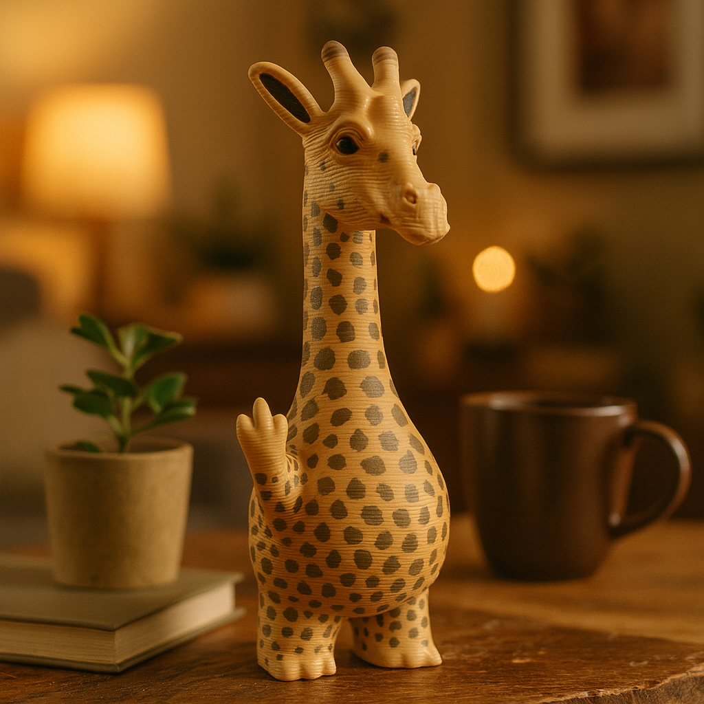 Small giraffe figurine on a coffee table, cute miniature animal decoration for living room or home decor